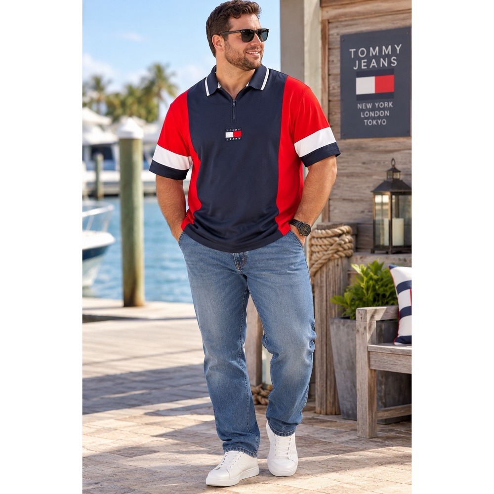 Tommy Jeans Men's 3XL Colorblock Quarter Zip Polo Shirt Red Navy White NWT